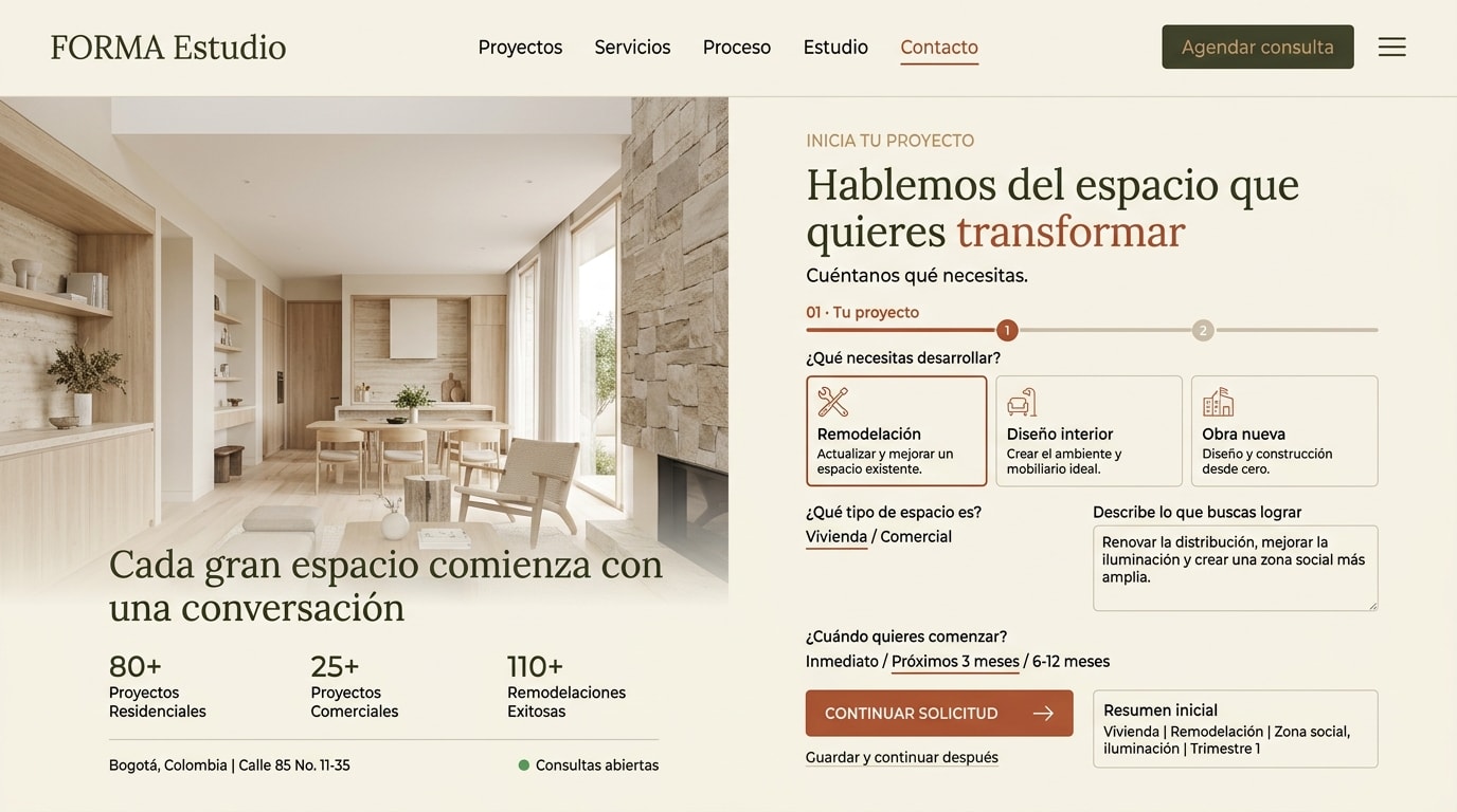 Interfaz de formulario de contacto guiado por pasos para agencia de diseño