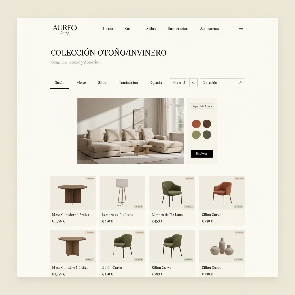 Catálogo de productos de muebles de diseño con filtros y categorías