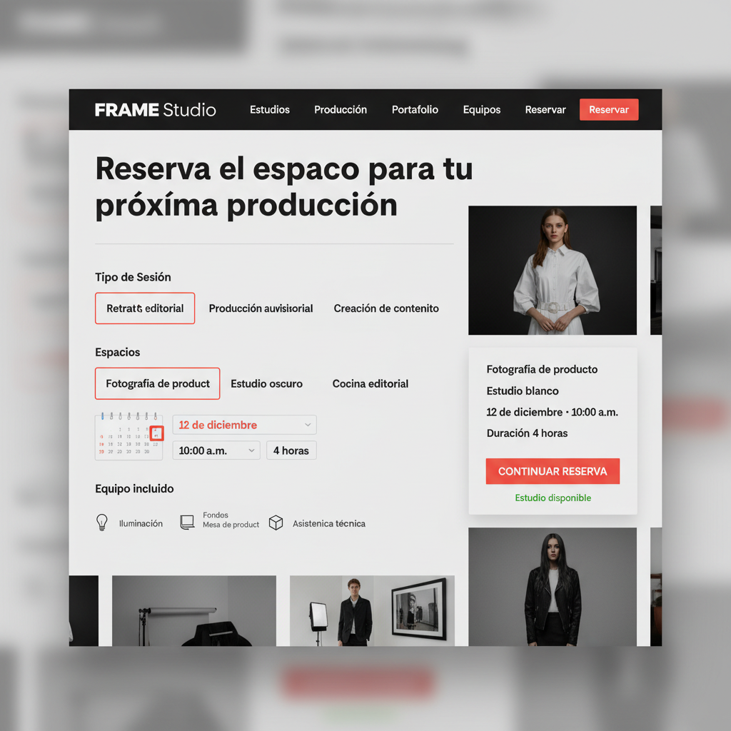 Reserva de sesión creativa con selección de fecha y horario