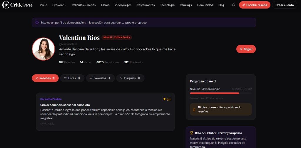 CriticVerse — perfil de usuario con reseñas y progreso