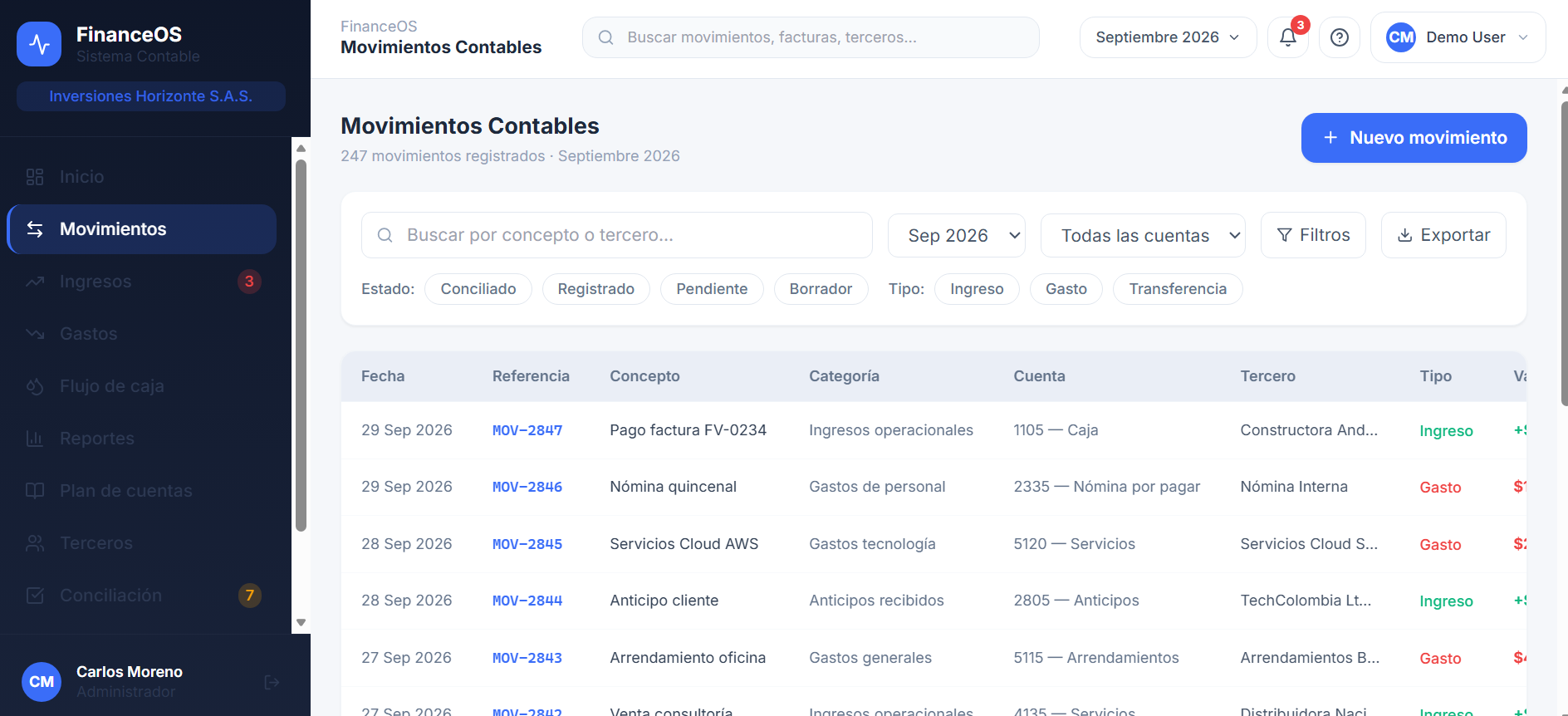 FinanceOS — movimientos contables con filtros y tabla