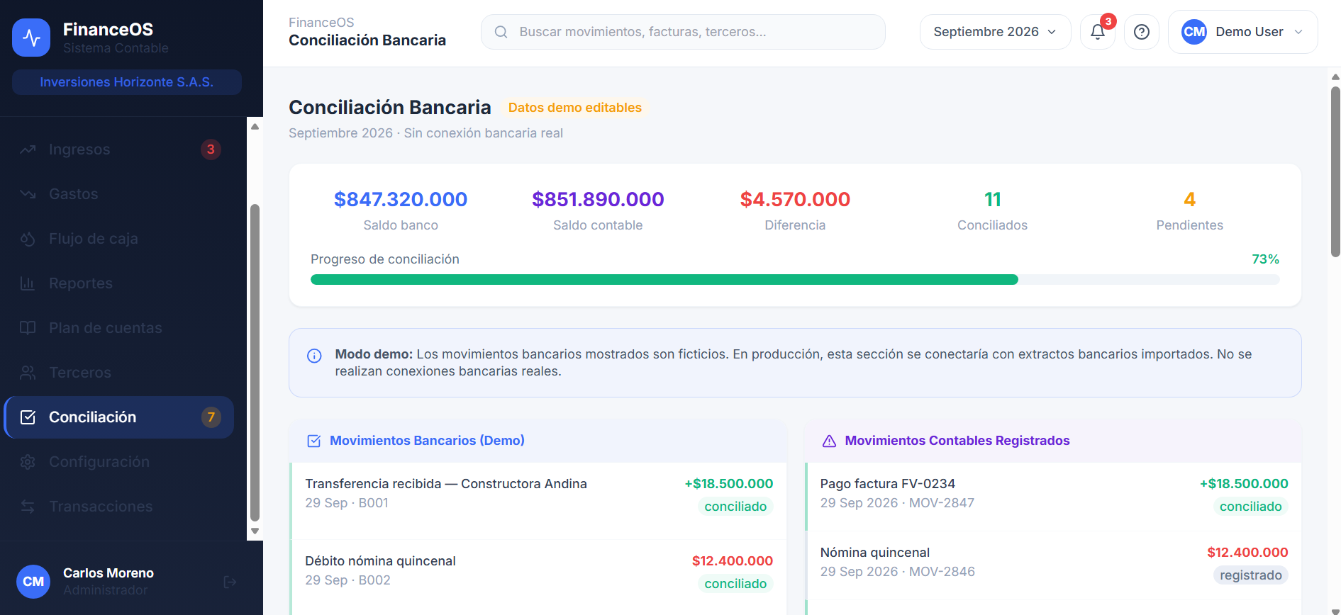 FinanceOS — conciliación bancaria con progreso