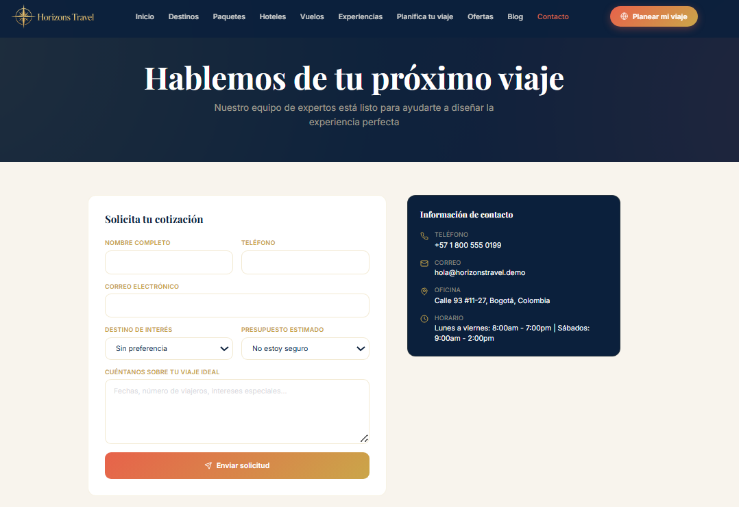 Horizons Travel — página de destinos con filtros y catálogo
