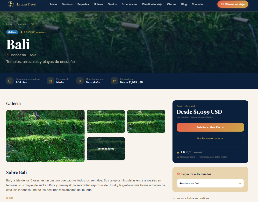 Horizons Travel — página de paquetes de viaje con precios y descuentos