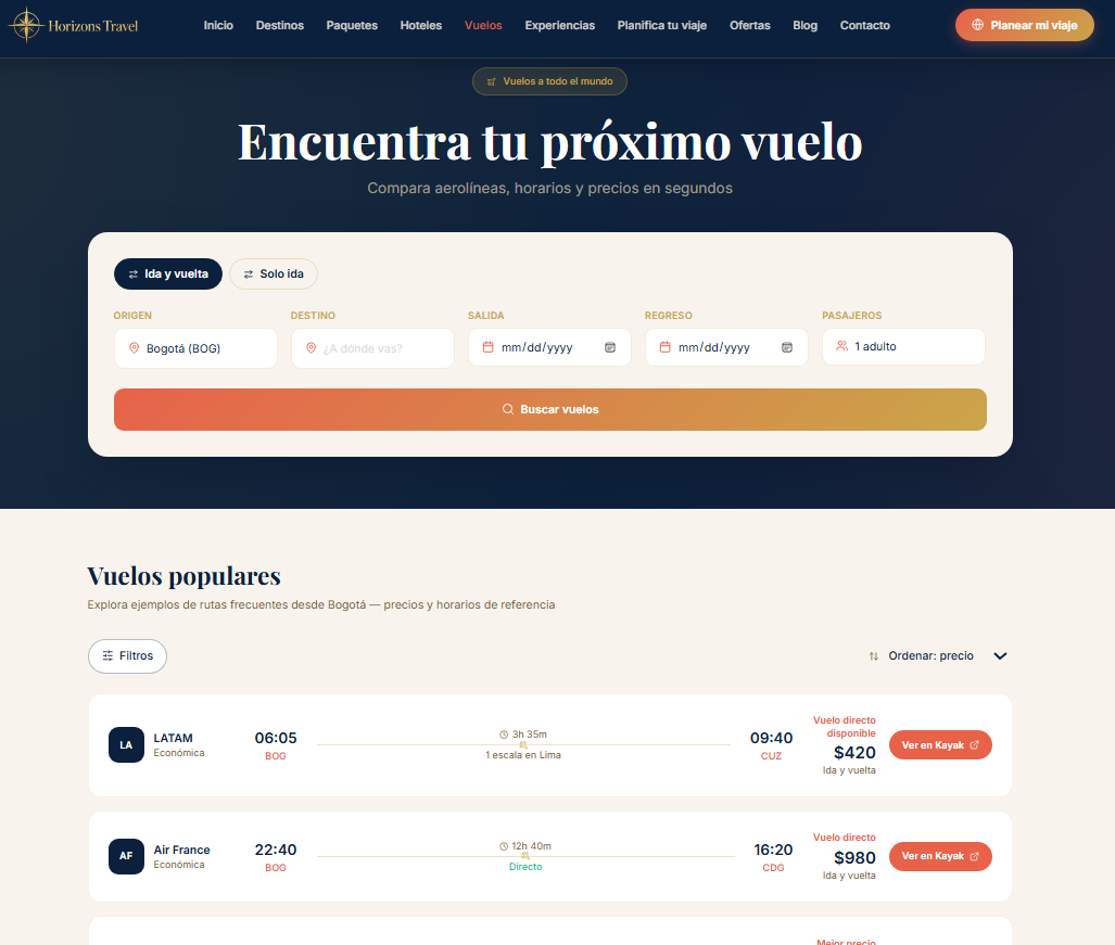 Horizons Travel — página de hoteles con mapa y filtros