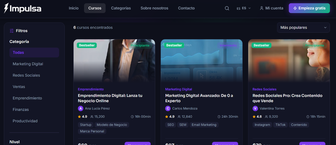 Impulsa — catálogo de cursos con filtros