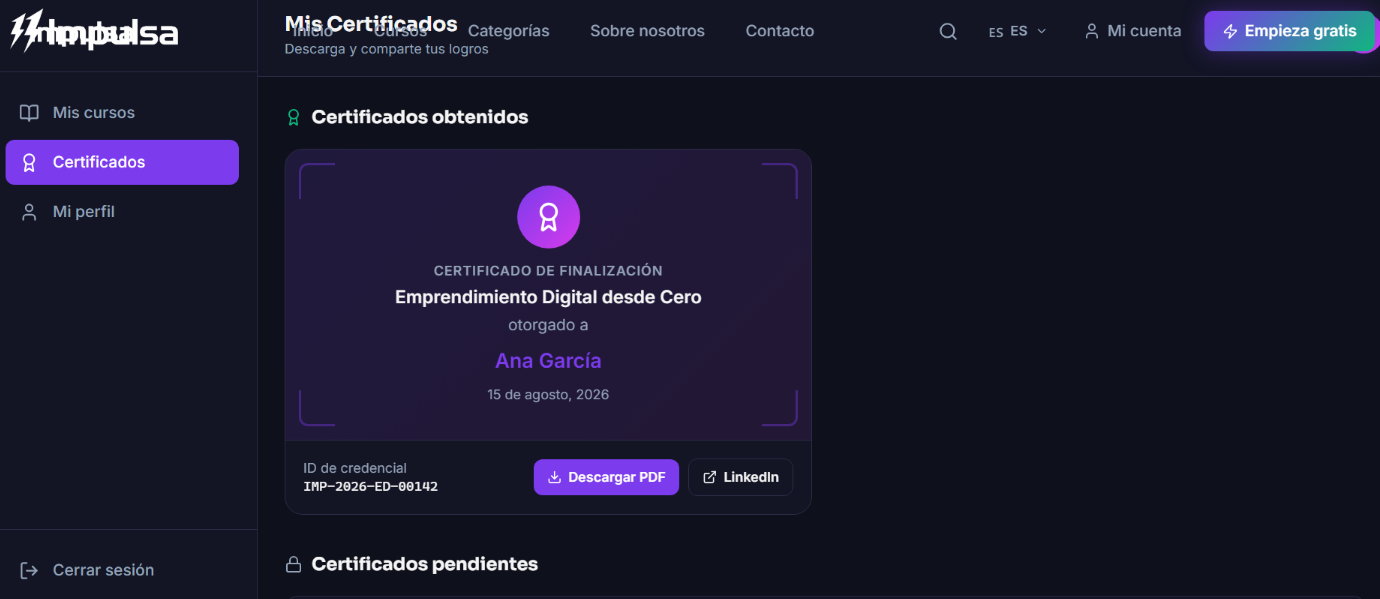 Impulsa — certificado y progreso de curso completado