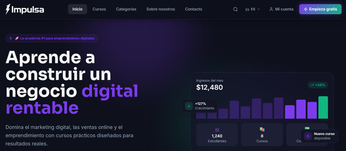 Impulsa — dashboard de estudiante con progreso de cursos