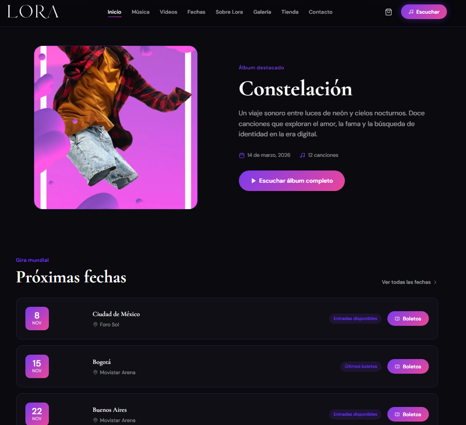 Lora — catálogo musical con filtros y newsletter