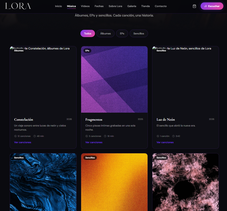 Lora — página de videos con grid y categorías