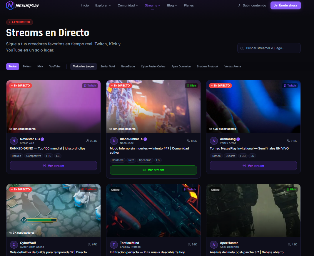 NexusPlay — directorio de streams en directo