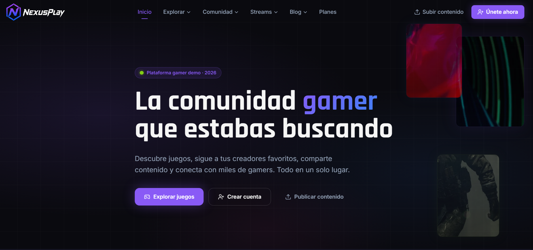 NexusPlay — homepage con hero y CTA principal