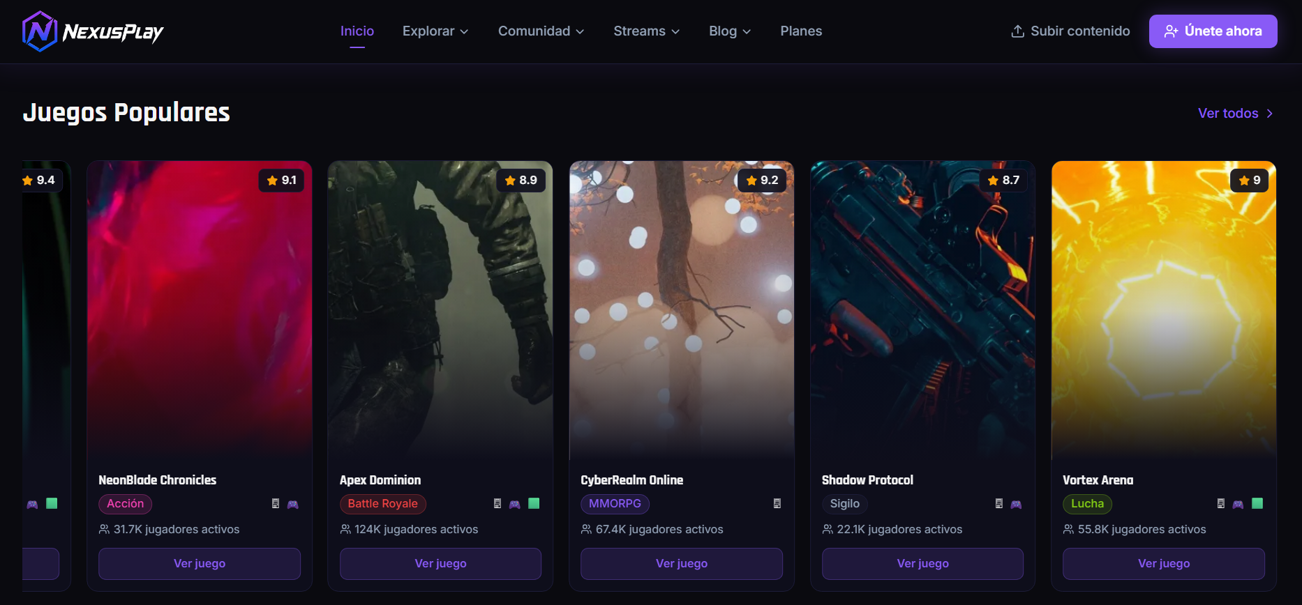 NexusPlay — carrusel de juegos populares con puntuaciones