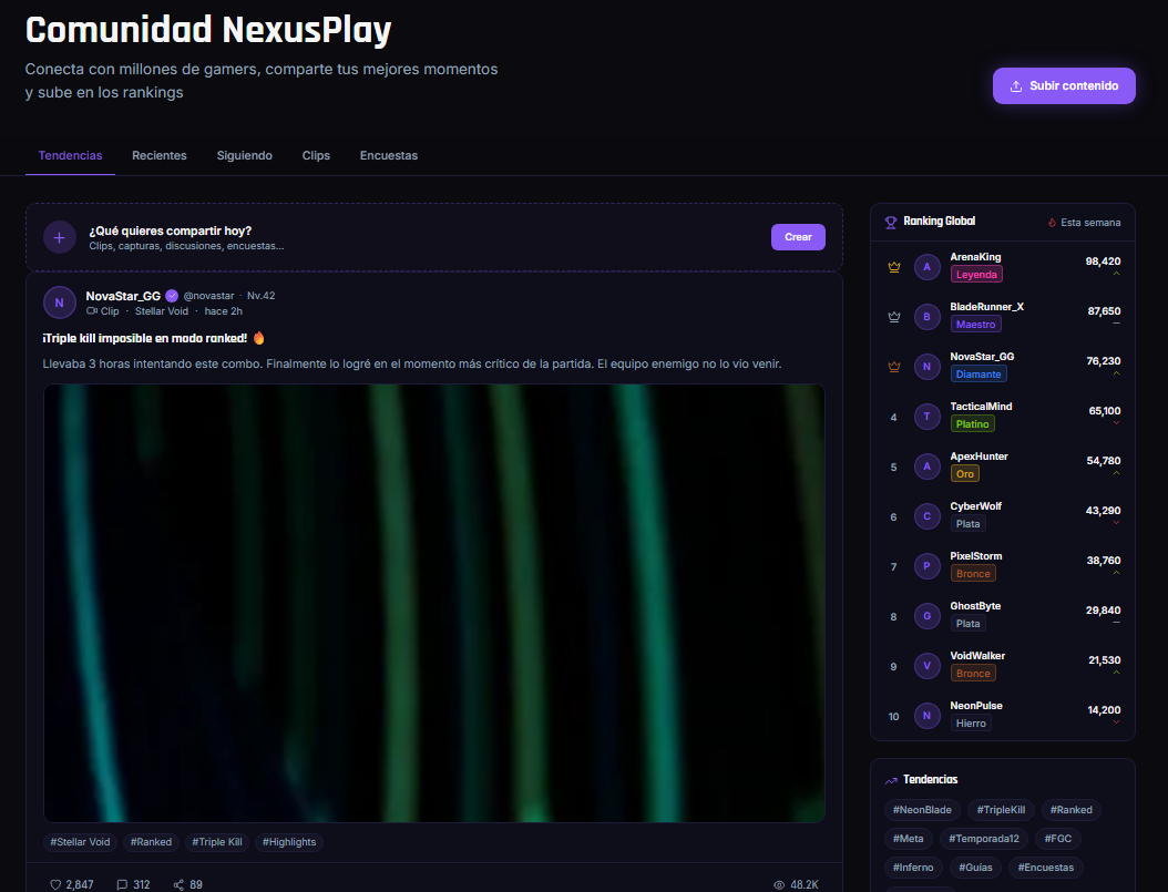 NexusPlay — feed de comunidad con ranking global