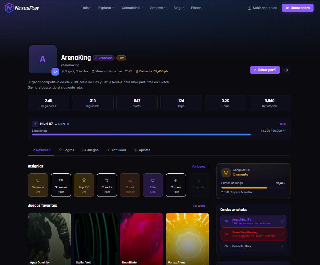 NexusPlay — perfil de usuario con insignias y estadísticas