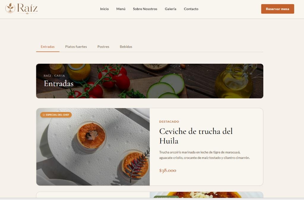 Raíz — menú digital con ceviche de trucha destacado